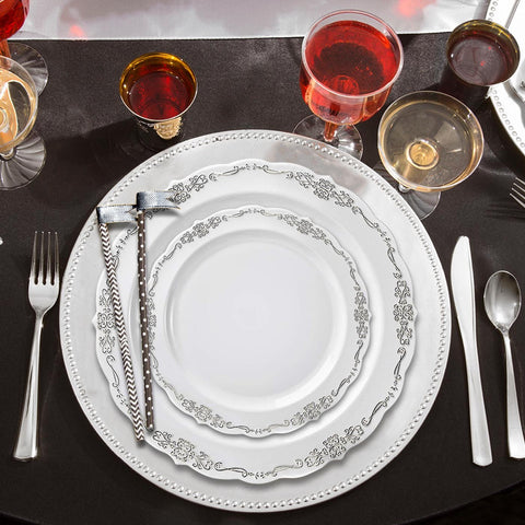 White with Silver Vintage Rim Round Plastic Disposable Dinner Plates (10