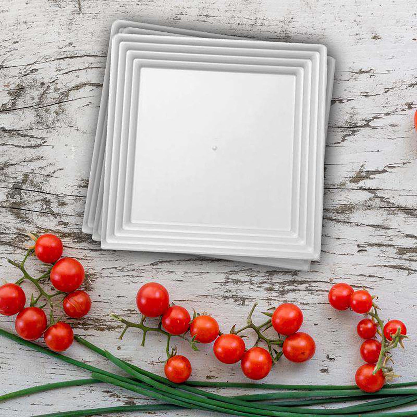 16" x 16" White Square with Groove Rim Disposable Plastic Serving Trays