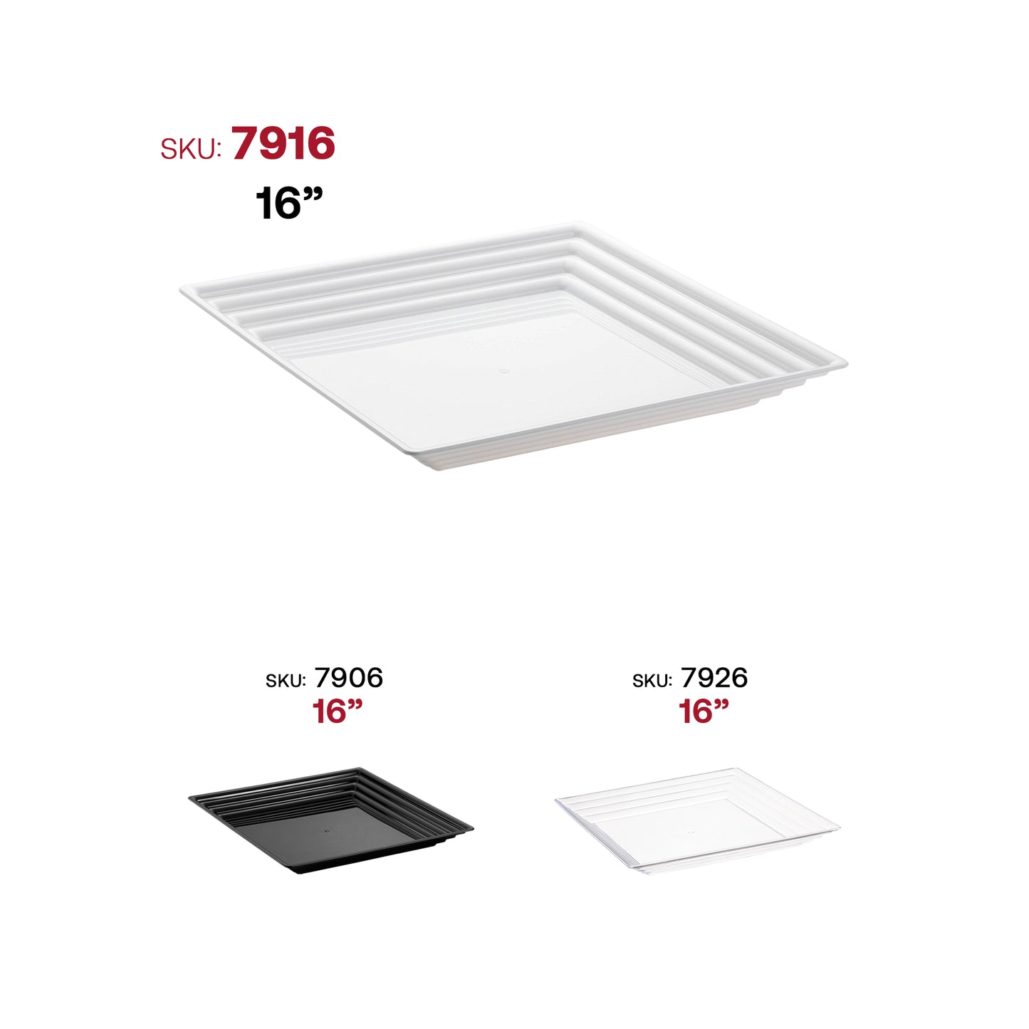 16" x 16" White Square with Groove Rim Disposable Plastic Serving Trays