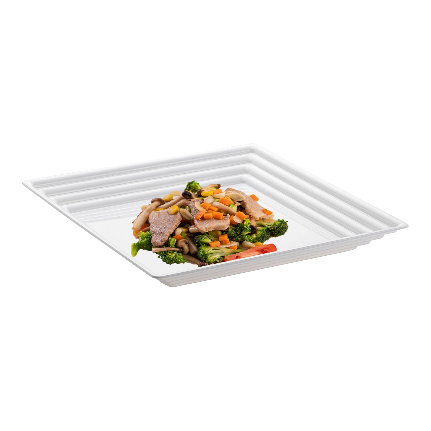 16" x 16" White Square with Groove Rim Disposable Plastic Serving Trays