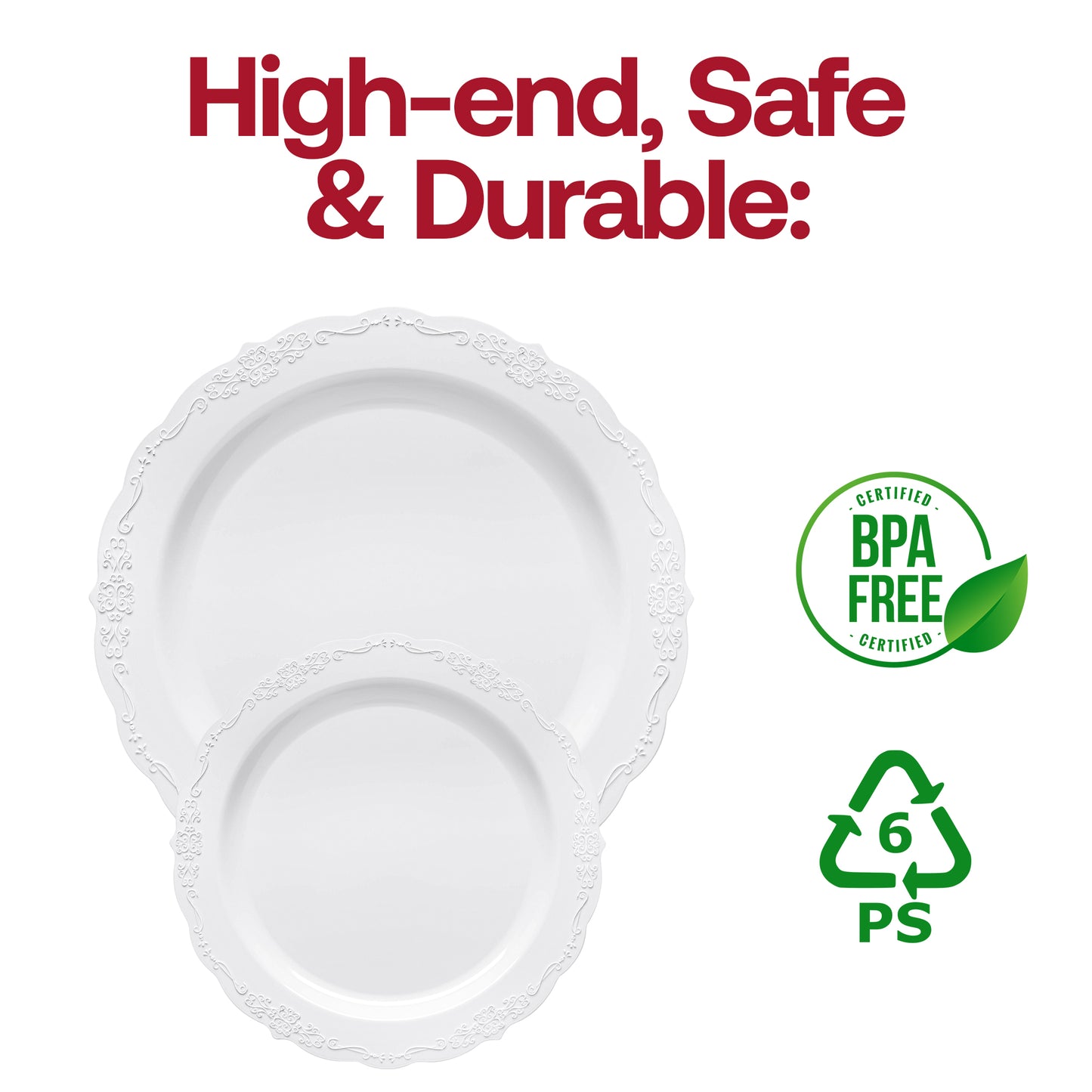 White Vintage Round Plastic Disposable Dinner Plates (10")