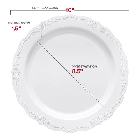 White Vintage Round Plastic Disposable Dinner Plates (10