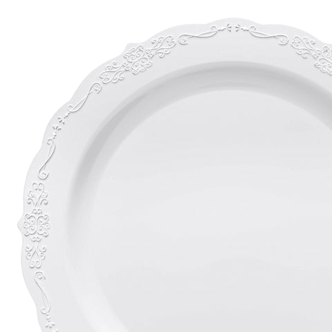 White Vintage Round Plastic Disposable Dinner Plates (10