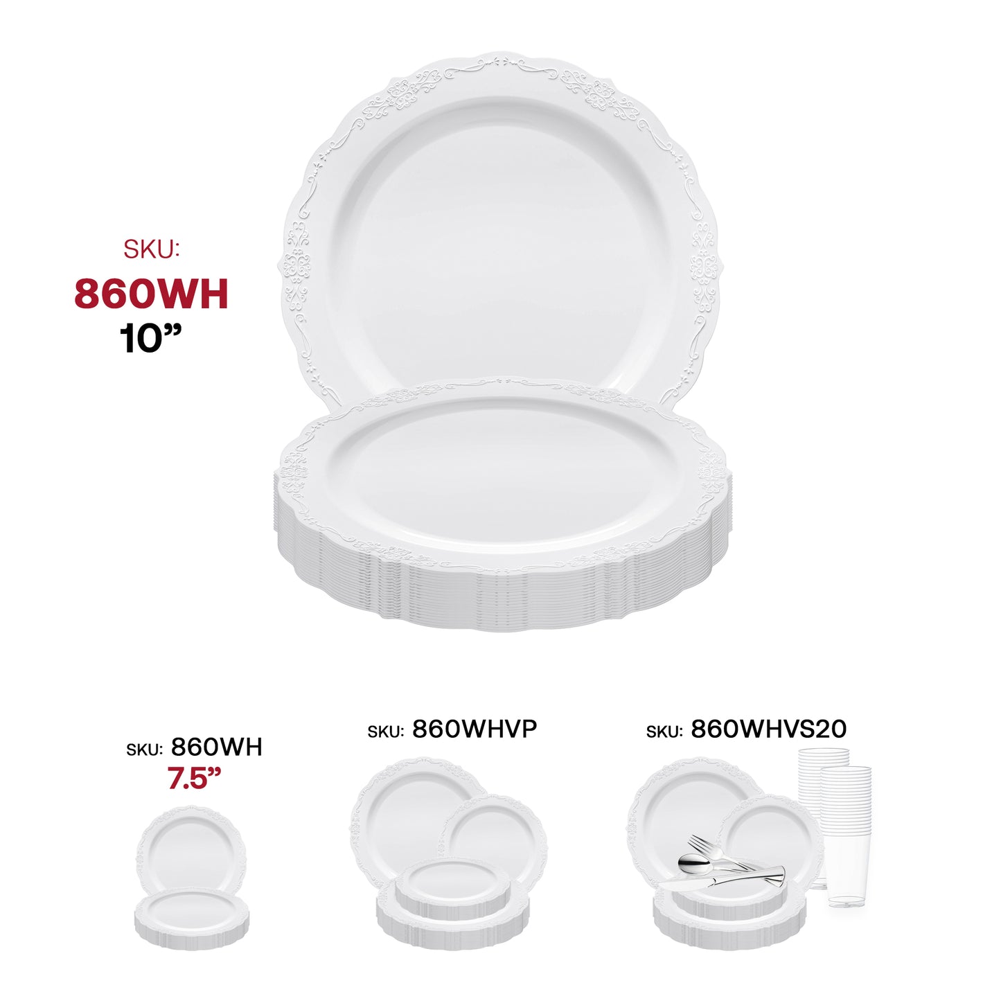 White Vintage Round Plastic Disposable Dinner Plates (10")