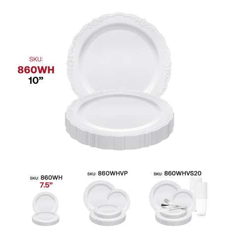 White Vintage Round Plastic Disposable Dinner Plates (10