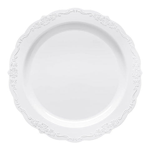 White Vintage Round Plastic Disposable Dinner Plates (10
