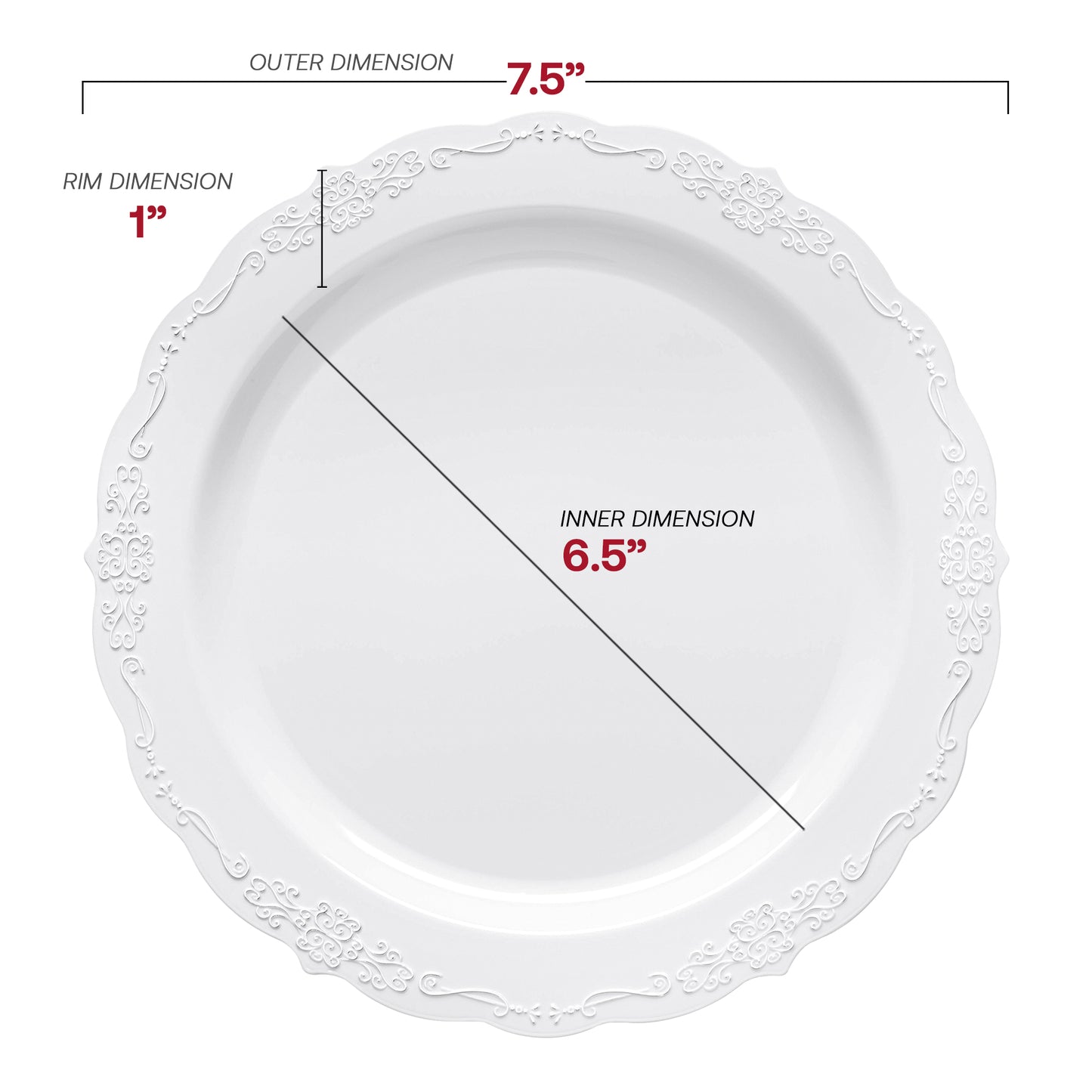 White Vintage Round Disposable Plastic Salad Plates (7.5")