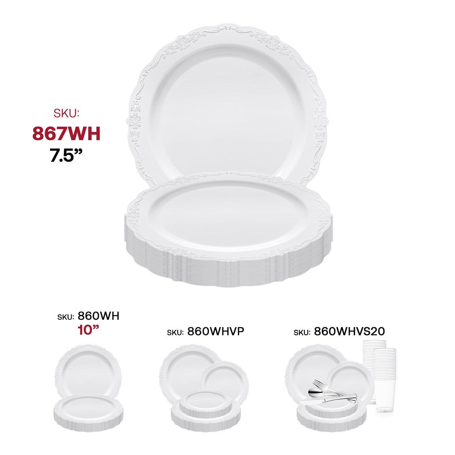 White Vintage Round Disposable Plastic Salad Plates (7.5")