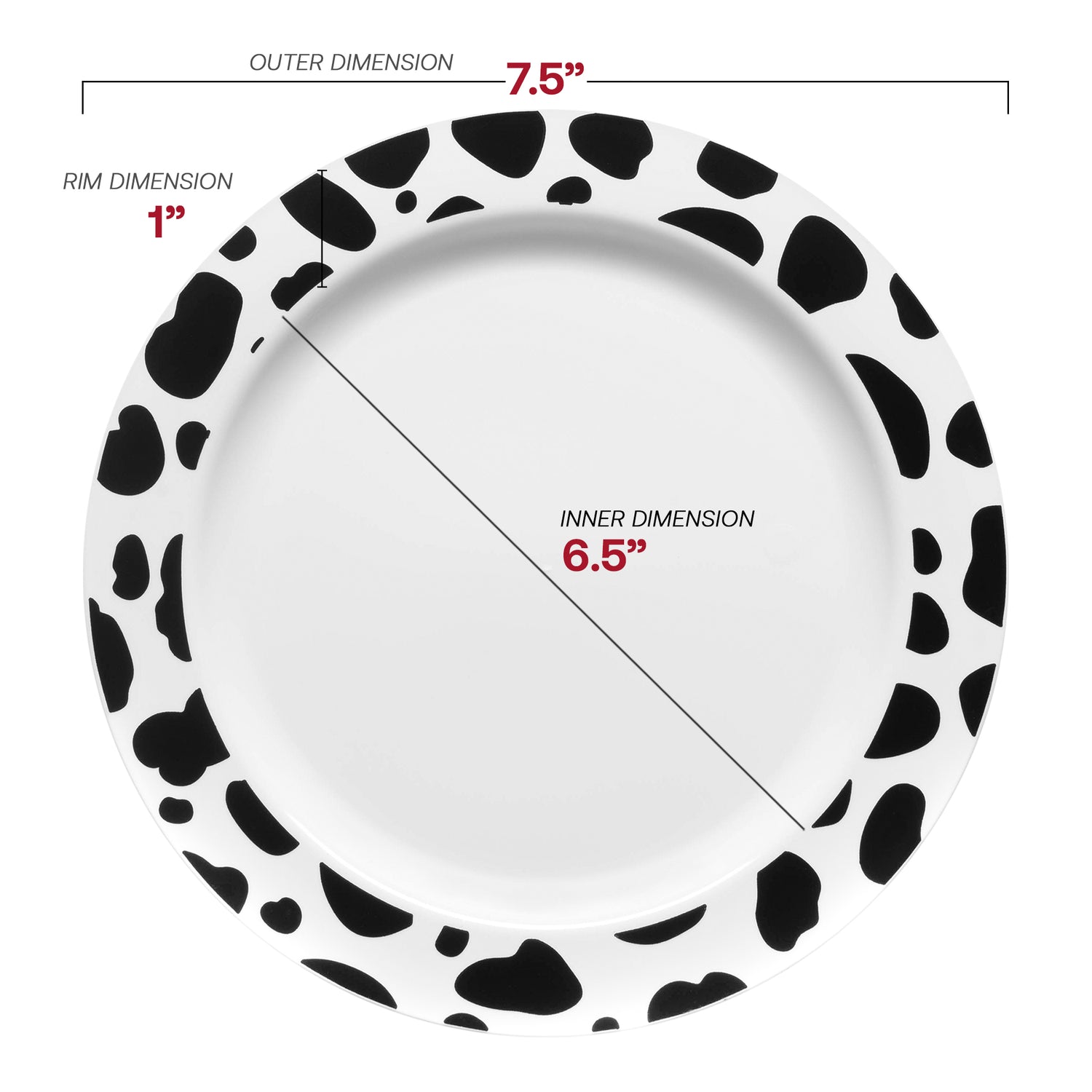 White with Black Dalmatian Spots Round Disposable Plastic Appetizer/Salad Plates (7.5") Dimension | The Kaya Collection