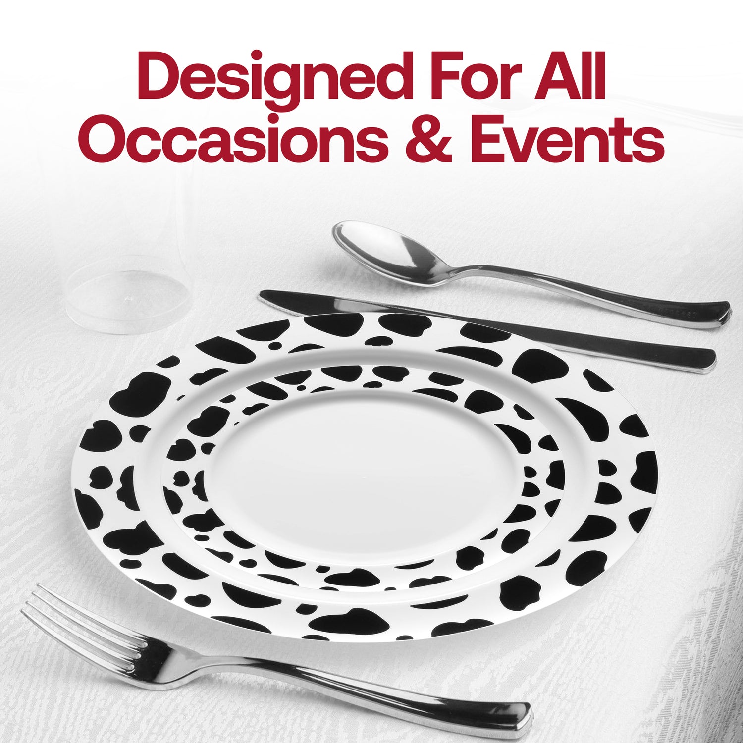 White with Black Dalmatian Spots Round Disposable Plastic Appetizer/Salad Plates (7.5") Lifestyle | The Kaya Collection