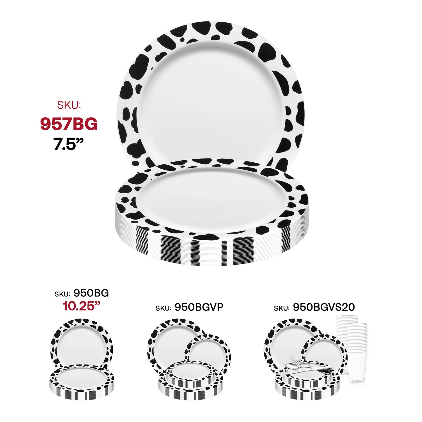 White with Black Dalmatian Spots Round Disposable Plastic Appetizer/Salad Plates (7.5") SKU | The Kaya Collection