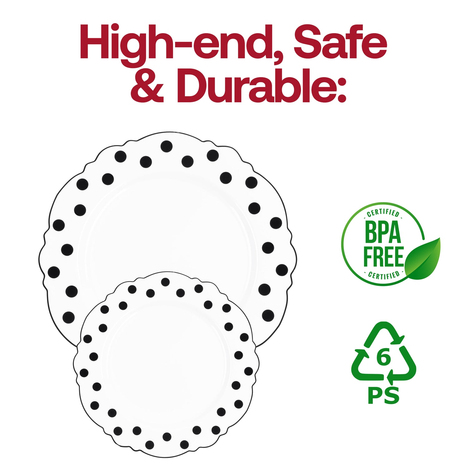White with Black Dots Round Blossom Disposable Plastic Salad Plates (7.5") BPA | The Kaya Collection
