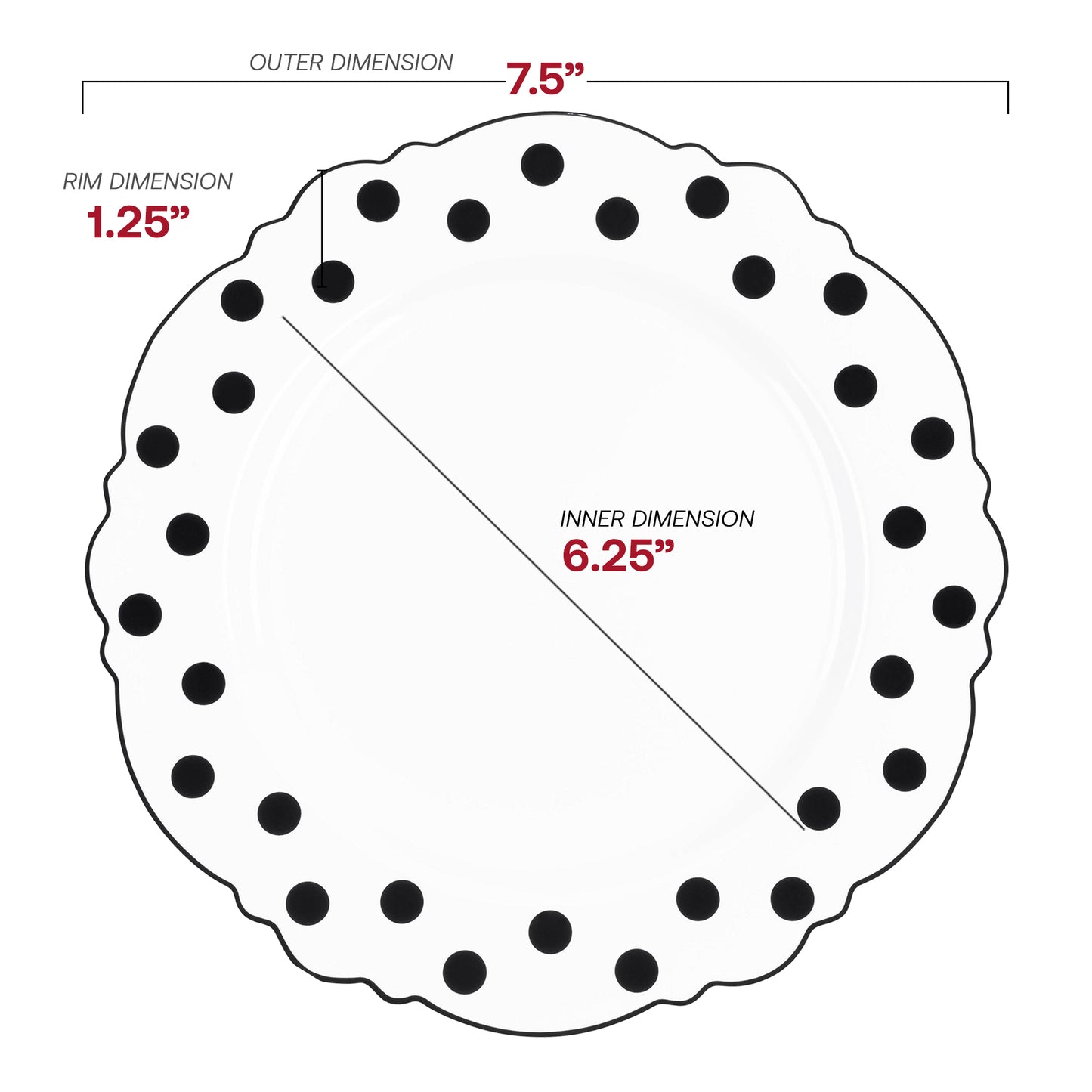 White with Black Dots Round Blossom Disposable Plastic Salad Plates (7.5") Dimension | The Kaya Collection
