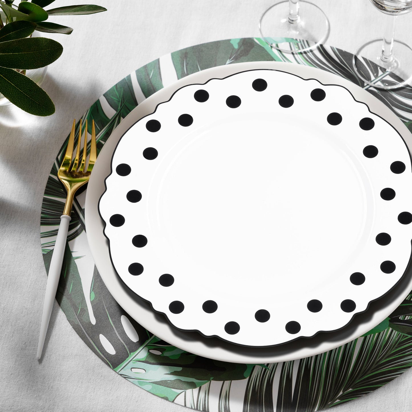 White with Black Dots Round Blossom Plastic Disposable Salad Plates (7.5")