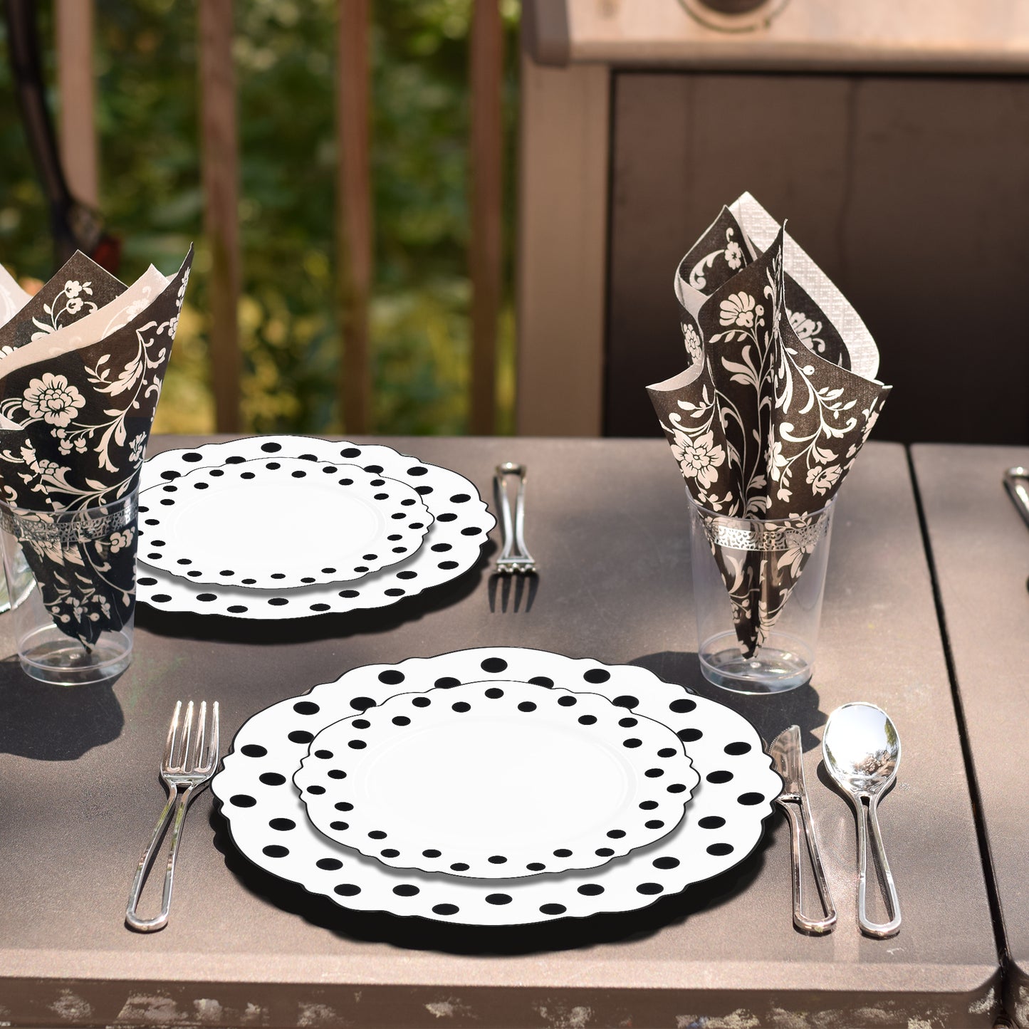 White with Black Dots Round Blossom Plastic Disposable Salad Plates (7.5")