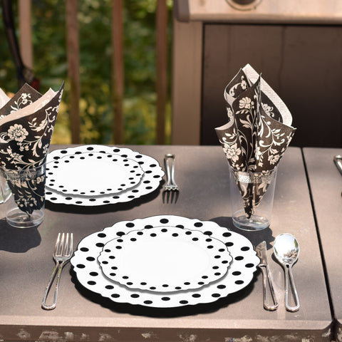 White with Black Dots Round Blossom Plastic Disposable Salad Plates (7.5