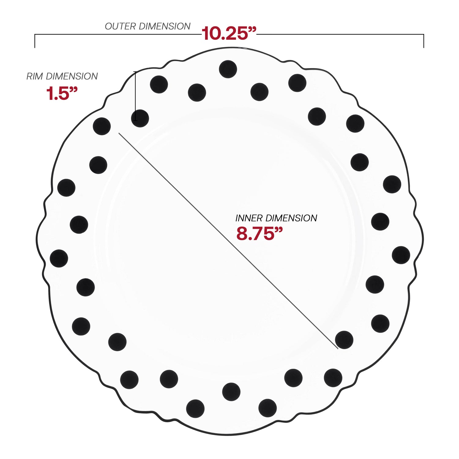White with Black Dots Round Blossom Disposable Plastic Dinner Plates (10.25") Dimension | The Kaya Collection