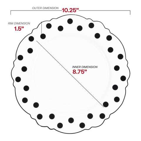 White with Black Dots Round Blossom Disposable Plastic Dinner Plates (10.25