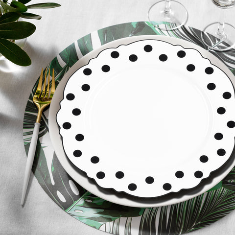 White with Black Dots Round Blossom Plastic Disposable Dinner Plates (10.25
