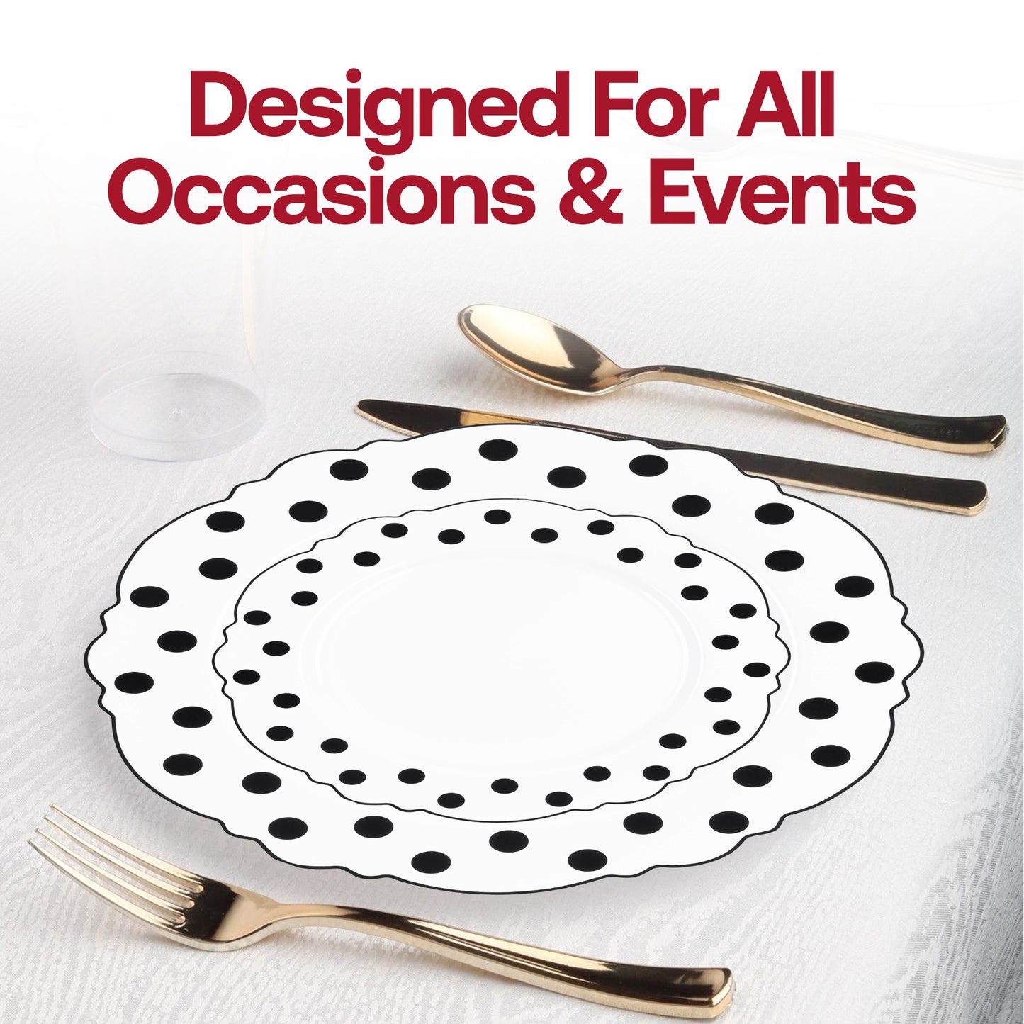 White with Black Dots Round Blossom Disposable Plastic Dinner Plates (10.25") Lifestyle | The Kaya Collection