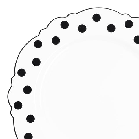 White with Black Dots Round Blossom Disposable Plastic Dinner Plates (10.25