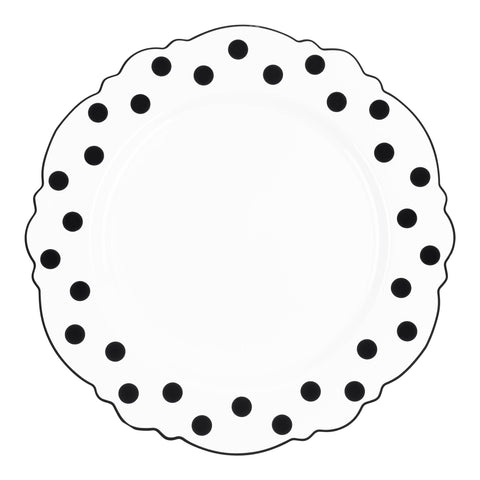 White with Black Dots Round Blossom Disposable Plastic Dinner Plates (10.25