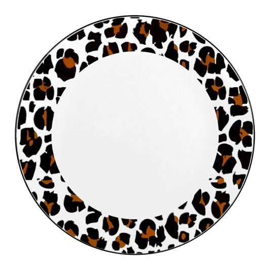 White with Black and Brown Leopard Print Rim Round Disposable Plastic Appetizer/Salad Plates (7.5") | The Kaya Collection