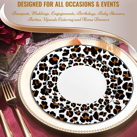 White with Black and Brown Leopard Print Rim Round Disposable Plastic Dinner Plates (10.25