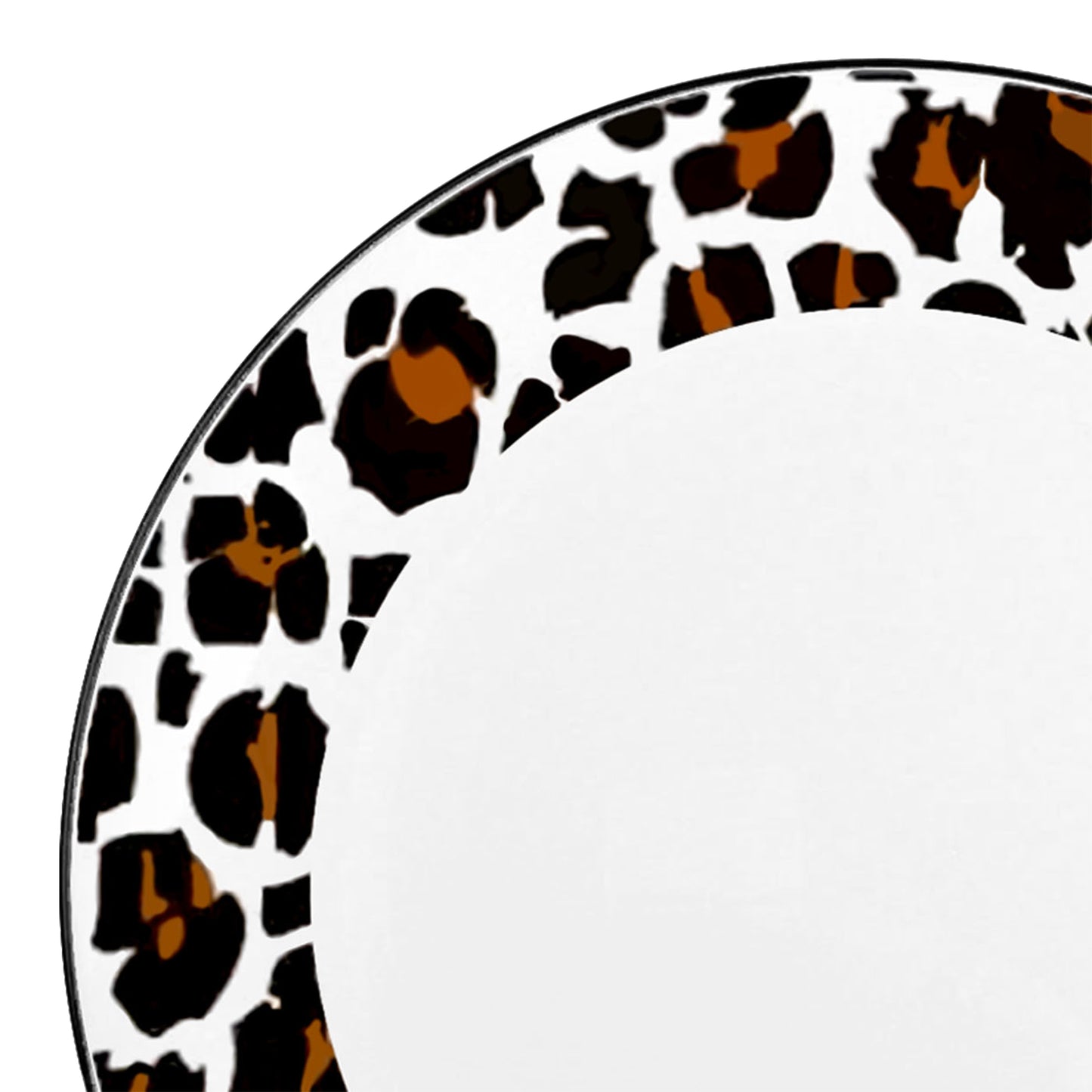 White with Black and Brown Leopard Print Rim Round Disposable Plastic Dinner Plates (10.25") | The Kaya Collection