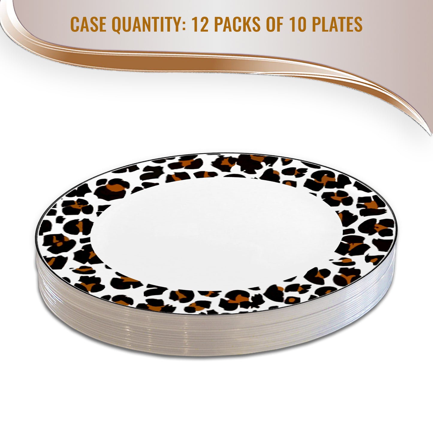 White with Black and Brown Leopard Print Rim Round Disposable Plastic Dinner Plates (10.25") | The Kaya Collection