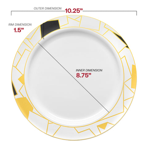 White with Black and Gold Abstract Squares Pattern Round Disposable Plastic Dinner Plates (10.25