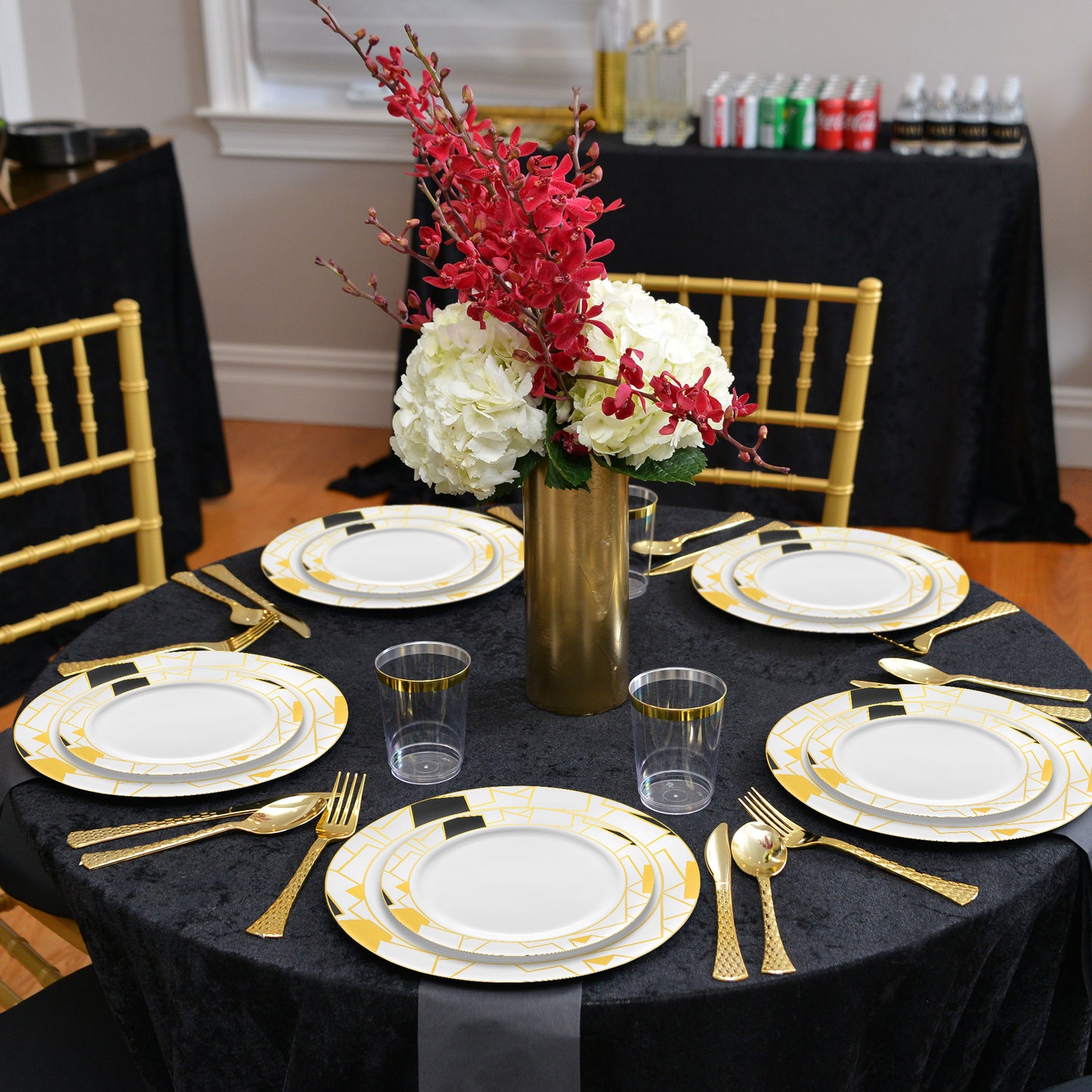 White with Black and Gold Abstract Squares Pattern Round Plastic Dinner Plates (10.25")