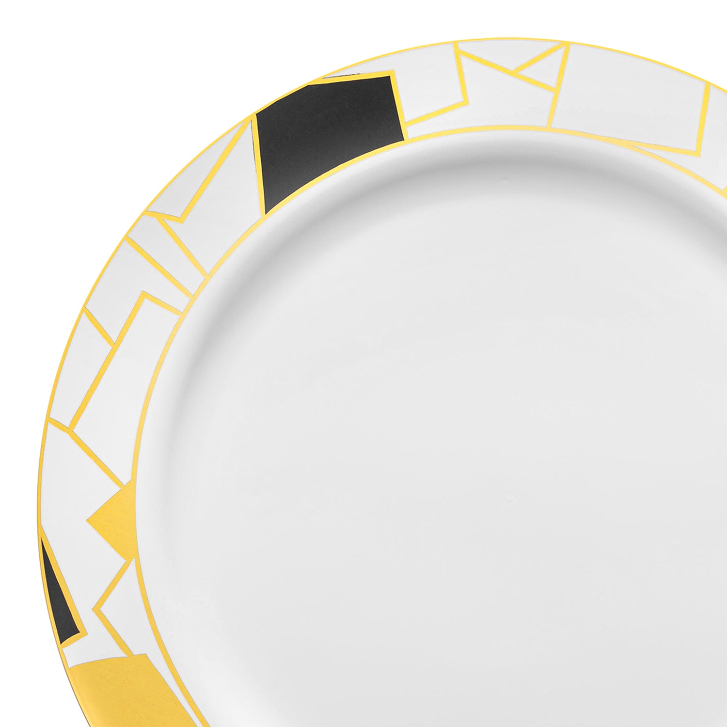 White with Black and Gold Abstract Squares Pattern Round Disposable Plastic Dinner Plates (10.25") | The Kaya Collection