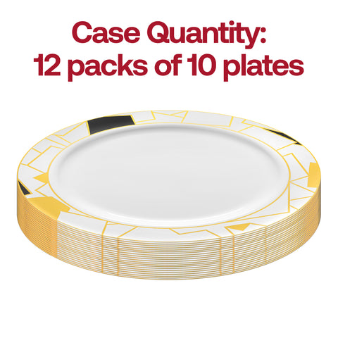 White with Black and Gold Abstract Squares Pattern Round Disposable Plastic Dinner Plates (10.25