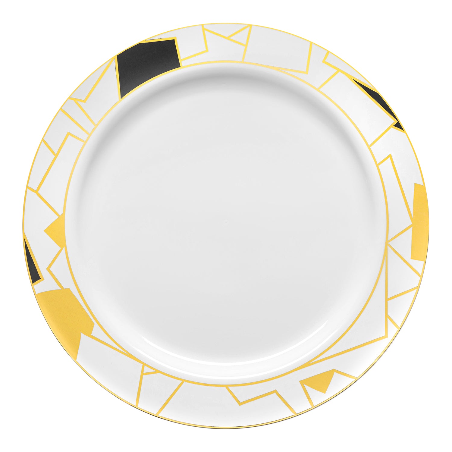 White with Black and Gold Abstract Squares Pattern Round Disposable Plastic Dinner Plates (10.25") | The Kaya Collection