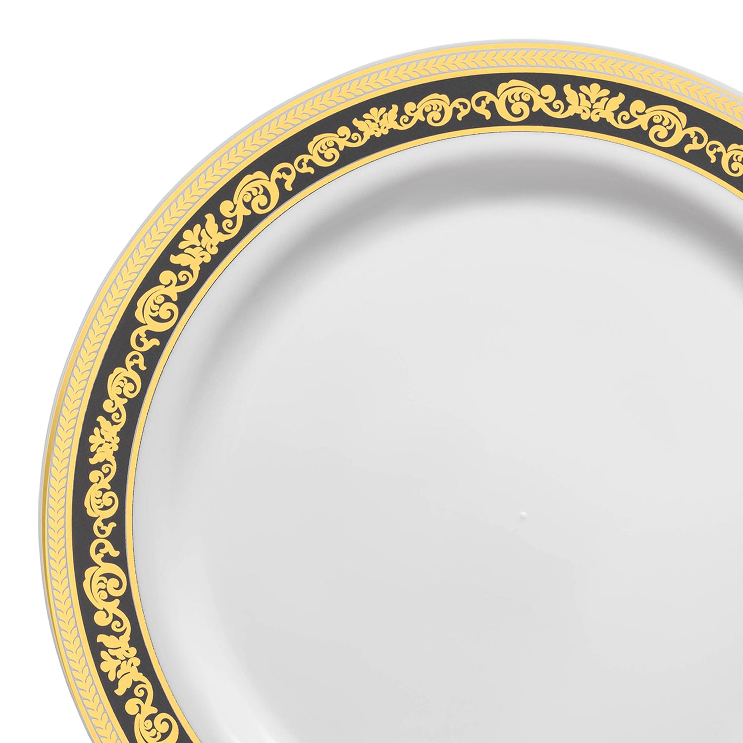 White with Black and Gold Royal Rim Plastic Salad Plates (7.5") | The Kaya Collection