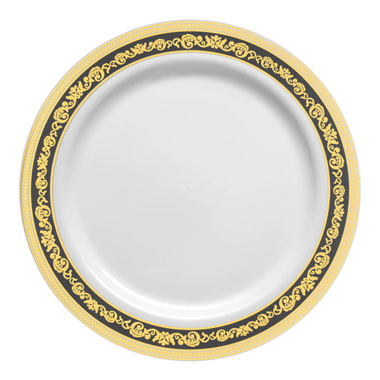 White with Black and Gold Royal Rim Plastic Salad Plates (7.5") | The Kaya Collection
