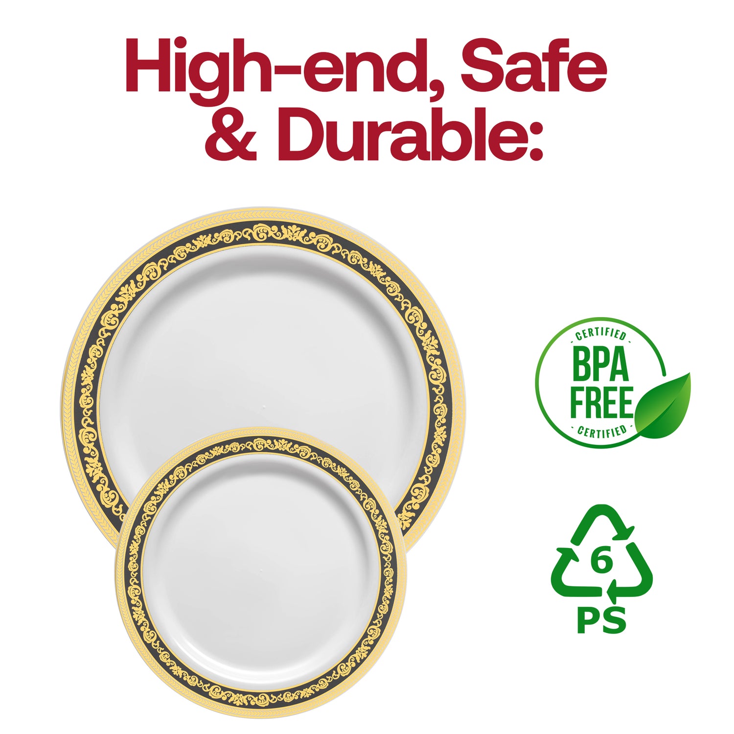 White with Black and Gold Royal Rim Plastic Dinner Plates (10.25") BPA | The Kaya Collection