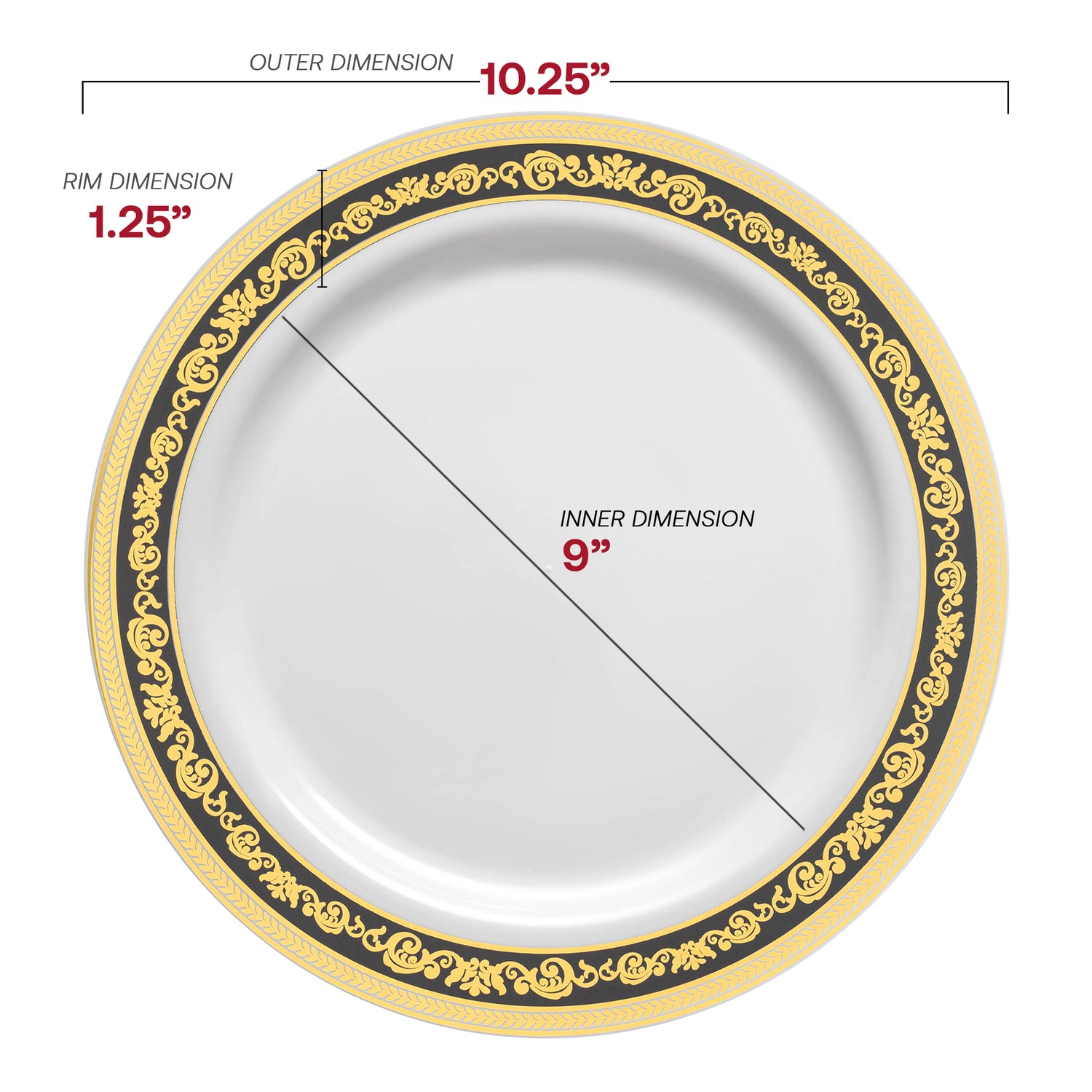 White with Black and Gold Royal Rim Plastic Dinner Plates (10.25") Dimension | The Kaya Collection