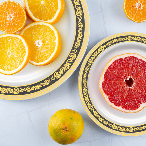 White with Black and Gold Royal Rim Disposable Plastic Dinner Plates (10.25