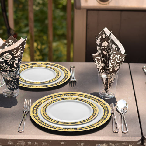 White with Black and Gold Royal Rim Plastic Salad Plates (7.5