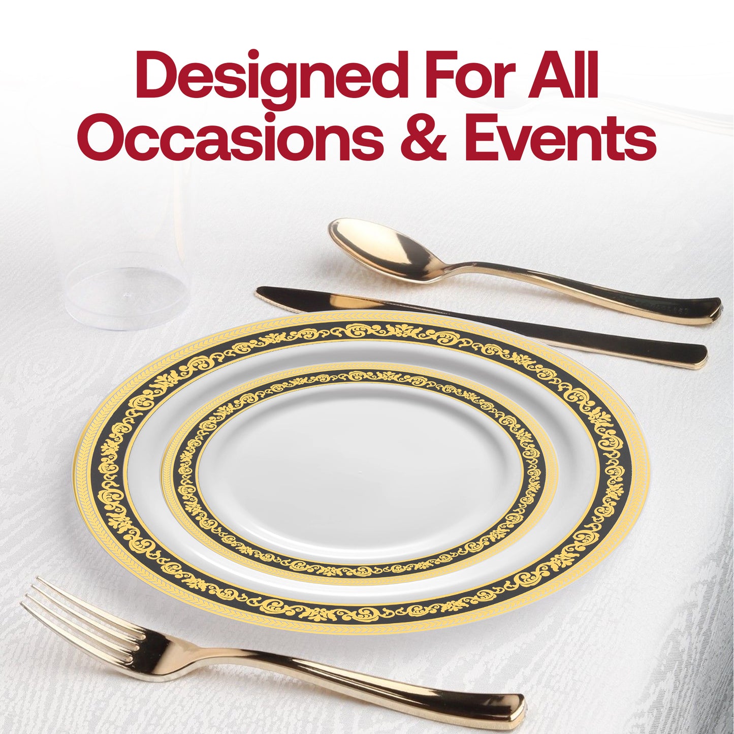 White with Black and Gold Royal Rim Disposable Plastic Dinner Plates (10.25")