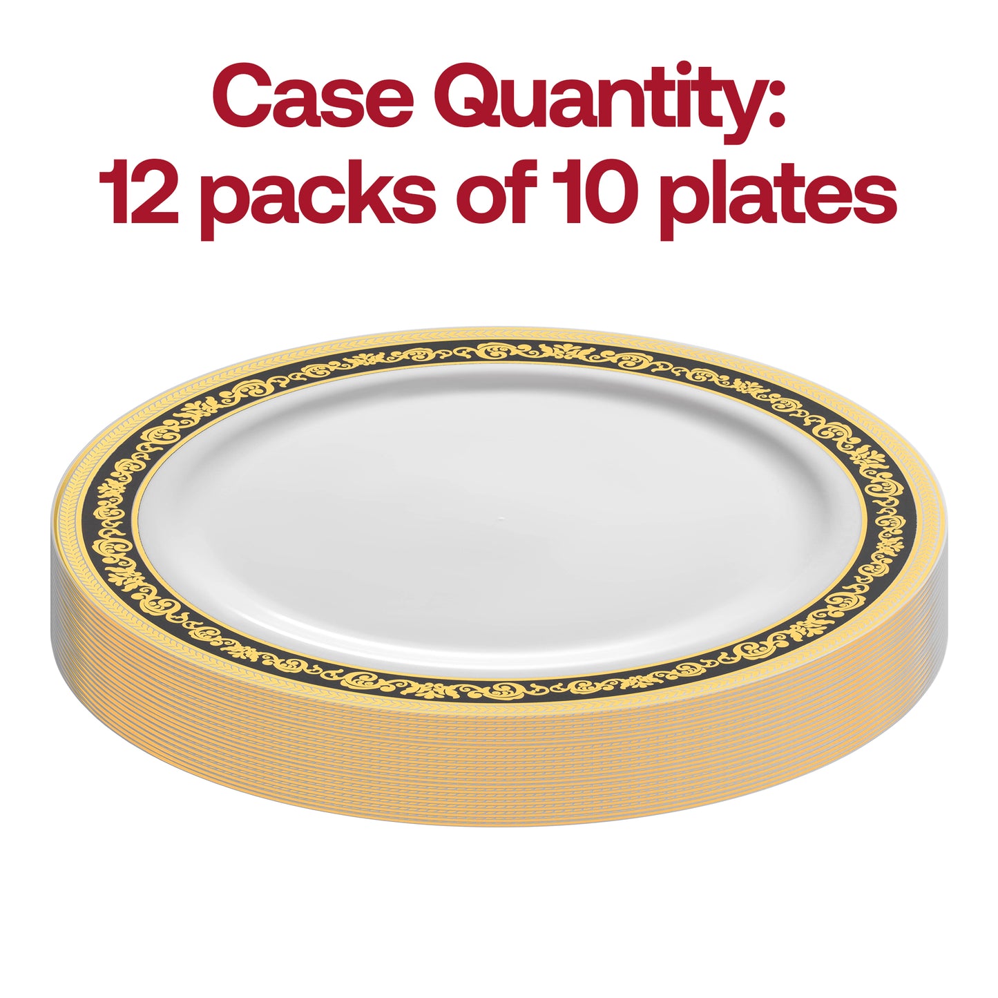White with Black and Gold Royal Rim Plastic Dinner Plates (10.25") Quantity | The Kaya Collection