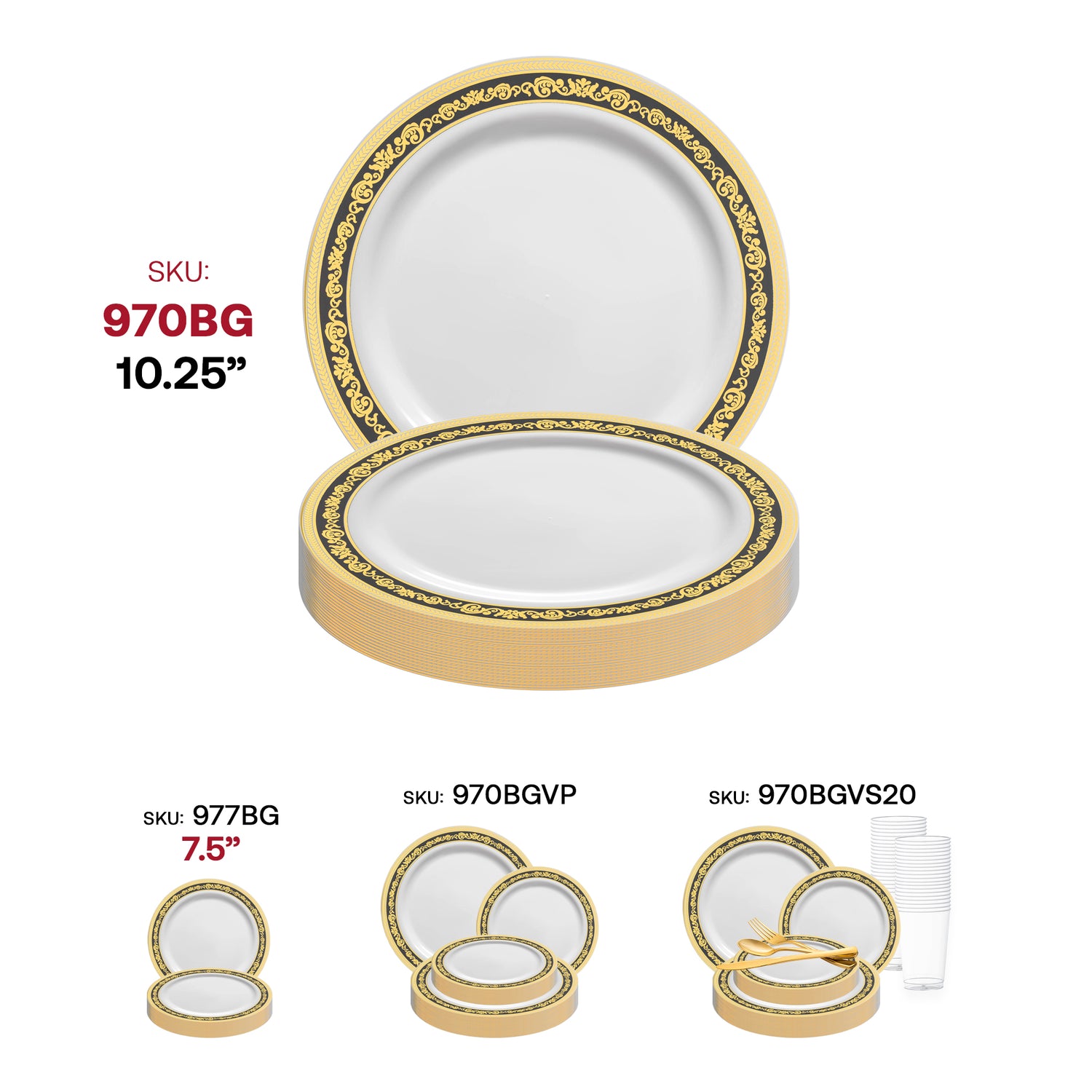 White with Black and Gold Royal Rim Plastic Dinner Plates (10.25") SKU | The Kaya Collection