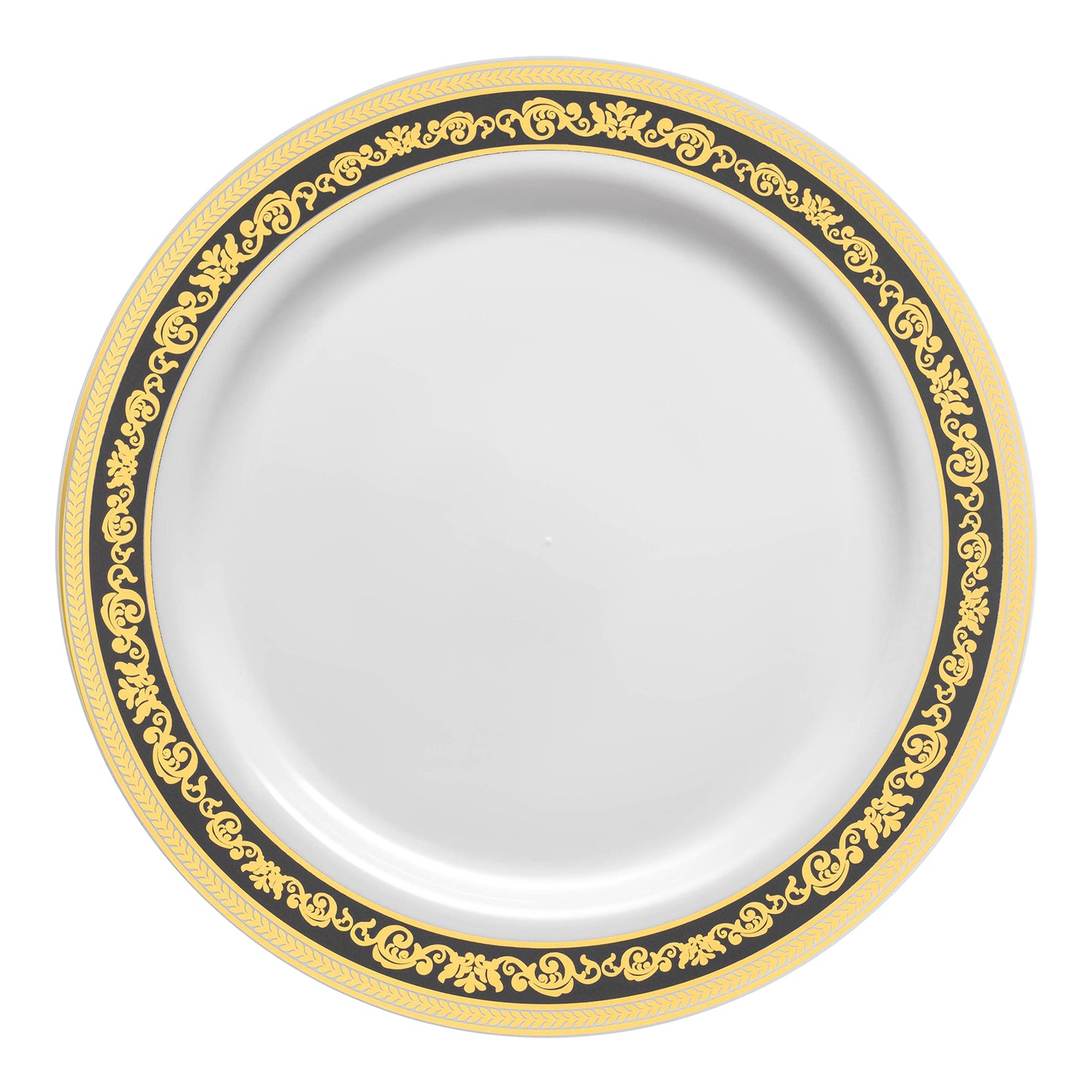 White with Black and Gold Royal Rim Plastic Dinner Plates (10.25") | The Kaya Collection