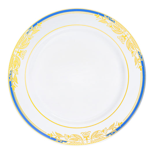 White with Blue and Gold Harmony Rim Plastic Appetizer/Salad Plates (7.5") | The Kaya Collection