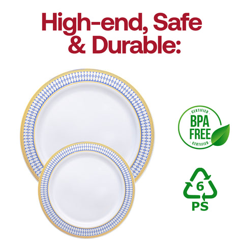 White with Blue and Gold Chord Rim Plastic Dinner Plates (10.25