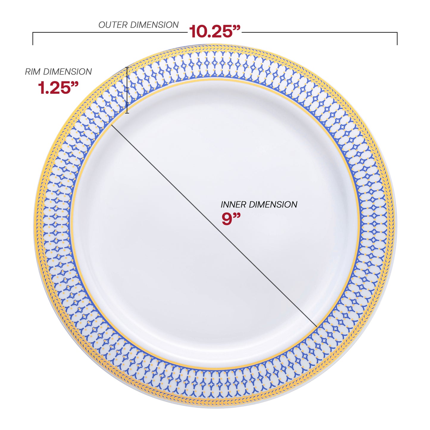 White with Blue and Gold Chord Rim Plastic Dinner Plates (10.25") Dimension | The Kaya Collection