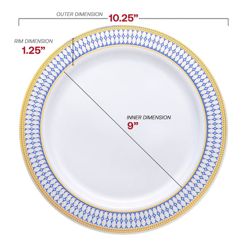 White with Blue and Gold Chord Rim Plastic Dinner Plates (10.25