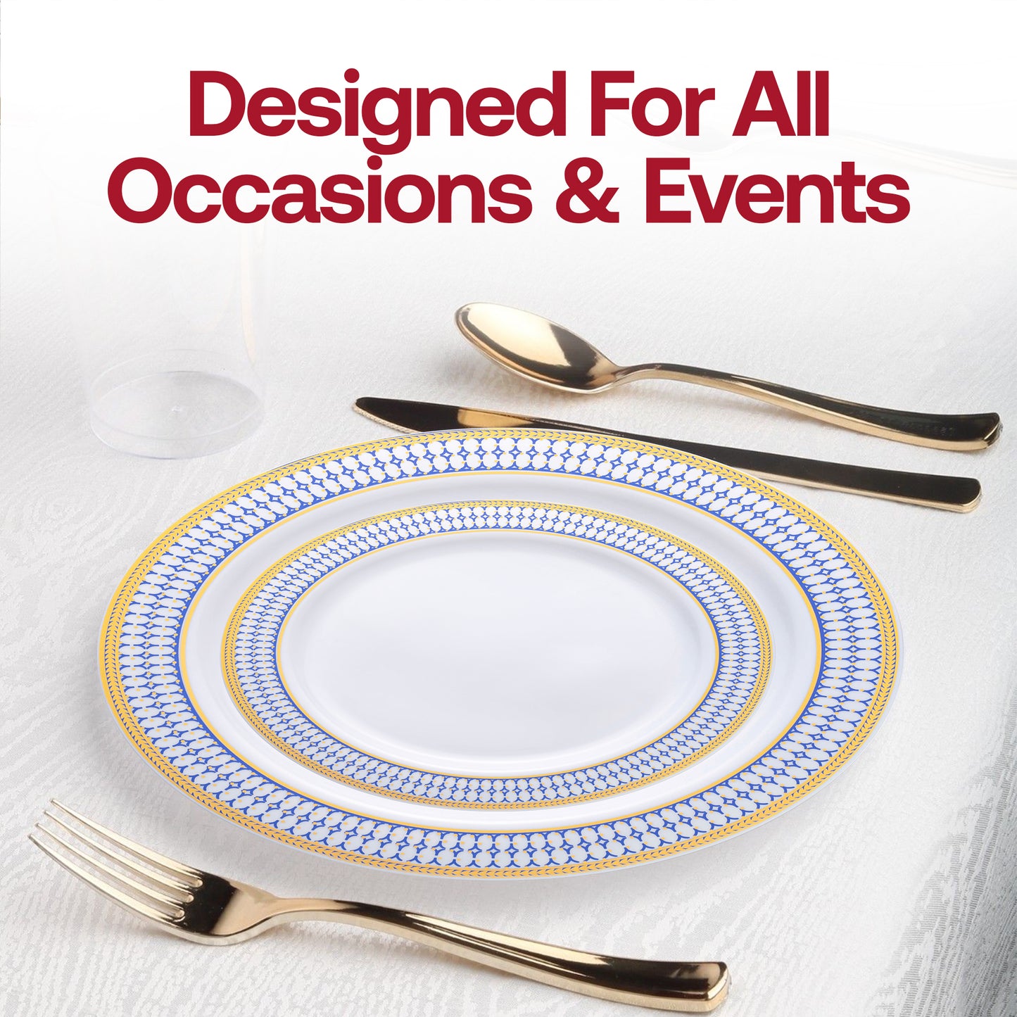 White with Blue and Gold Chord Rim Plastic Dinner Plates (10.25") Lifestyle | The Kaya Collection